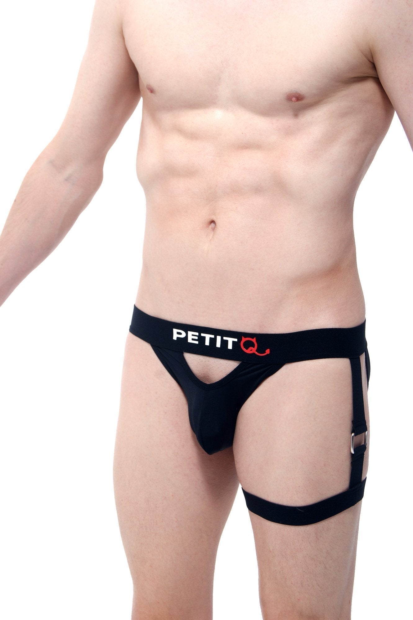 Black petitq adventure men’s briefs with side straps and red logo detail in breathable fabric for active wear
