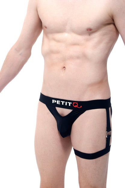 Black petitq adventure men’s briefs with side straps and red logo detail in breathable fabric for active wear