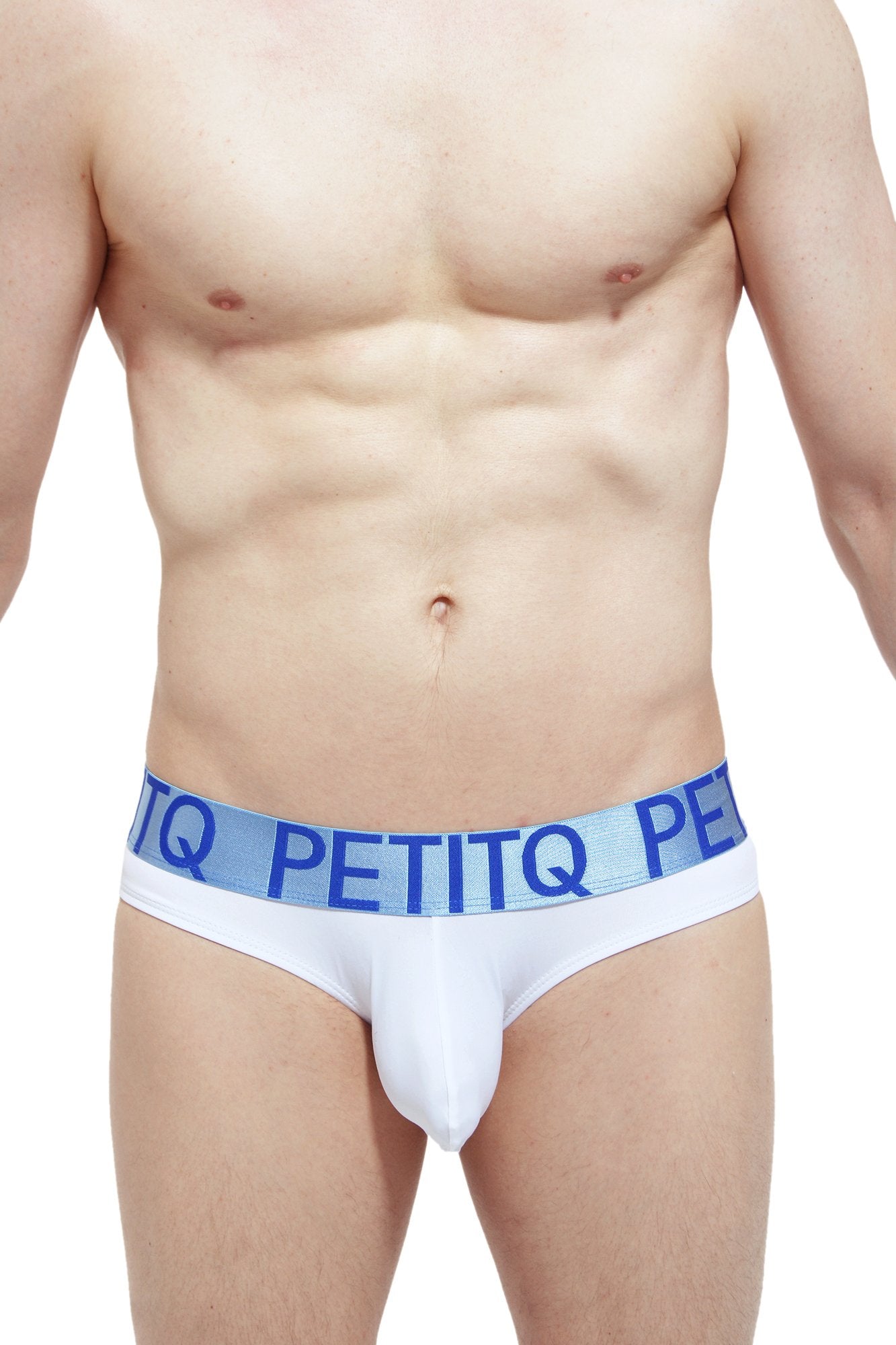 White petitq briefs with light blue elastic waistband and bold navy blue lettering for petitq jockstrap petitq cruis