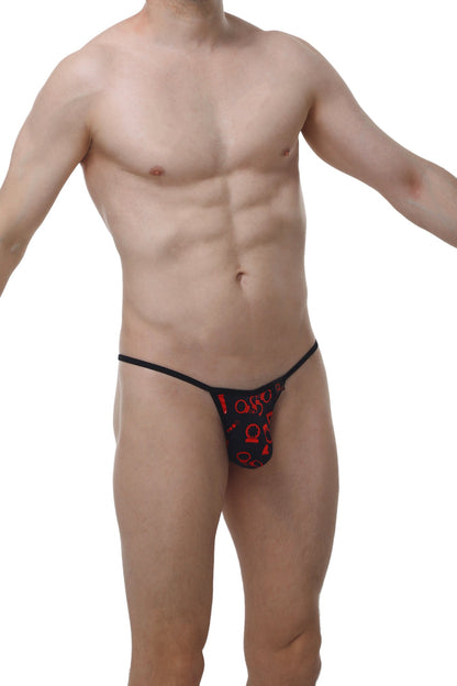 Black thong with red graphic patterns from petitq kini boudoir showcasing front design