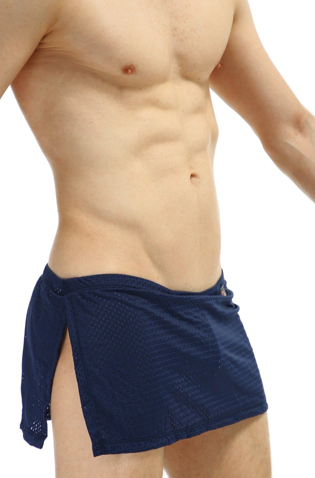 Navy blue mesh wrap-around shorts with side slits and tied closure by PetitQ loincloth bee with jockstrap view