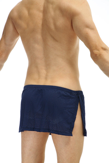 Navy blue mesh athletic loincloth shorts with side slit and tied waistband from petitq with jockstrap detail