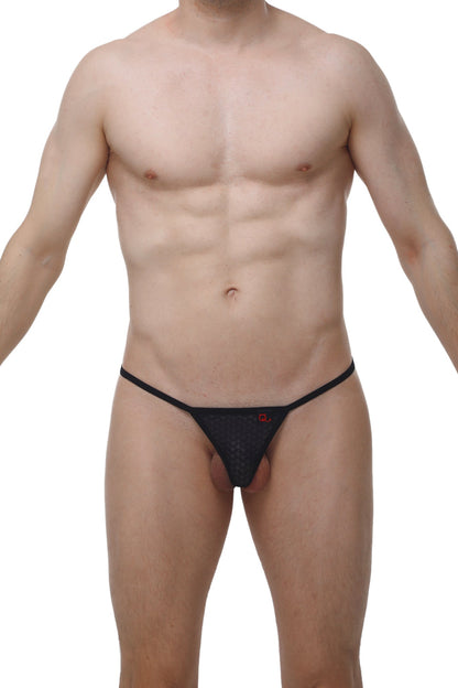 Black mesh thong with a small red logo on the front petitq micro g-string macra black