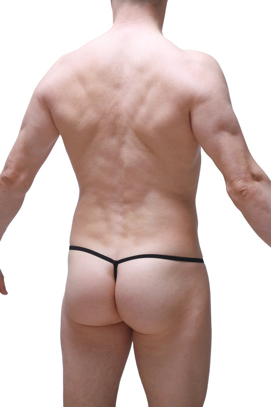 Black petitq micro g-string thong with a thin sleek design shown from the back in prussian color