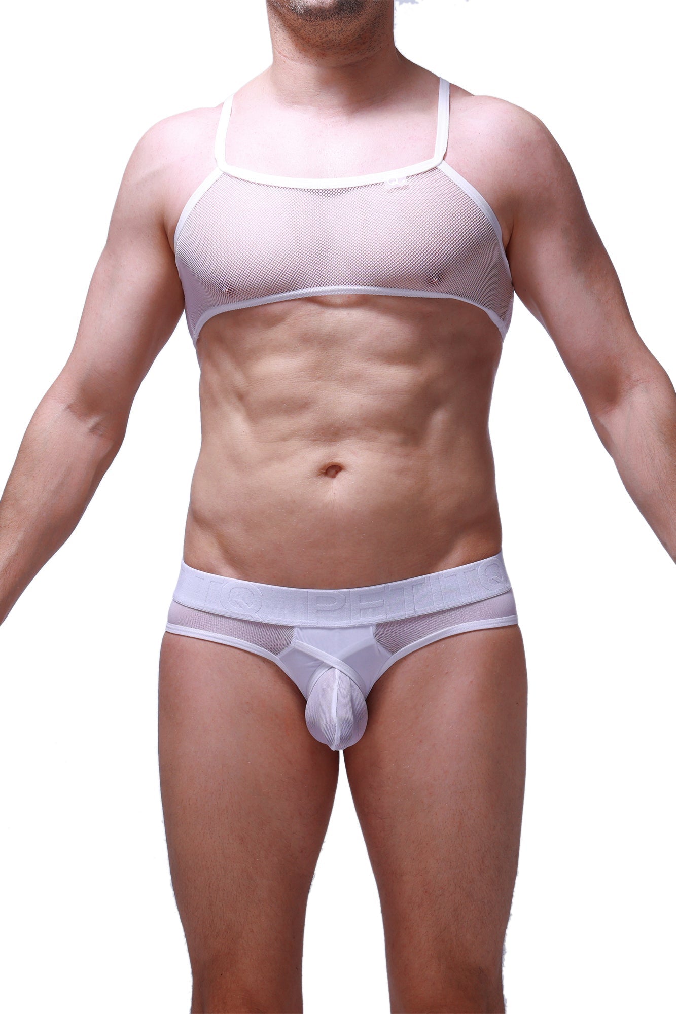 Petitq micro tank top mesh white men’s underwear set in white breathable mesh with supportive bra top and matching briefs