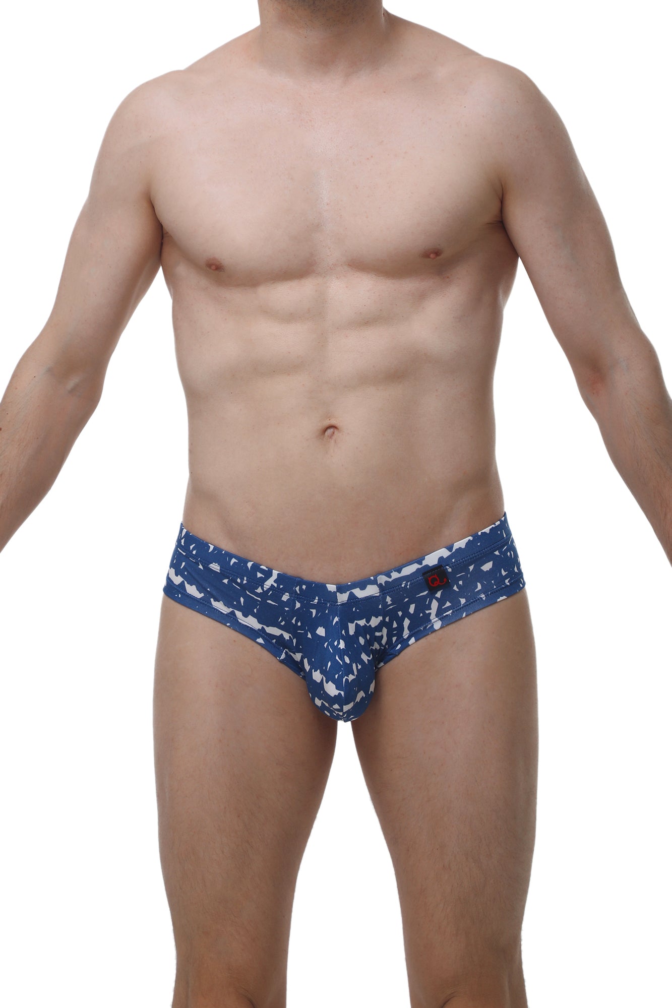 PetitQ mini boxer new denim blue patterned men’s briefs with white abstract designs and red logo on waistband