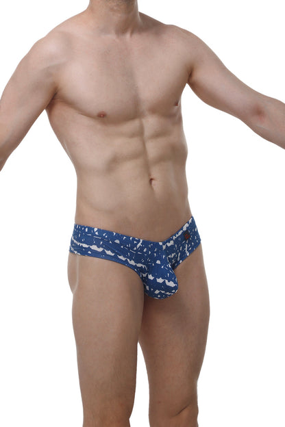 Petitq mini boxer swim trunks in blue denim with white whale pattern for kids