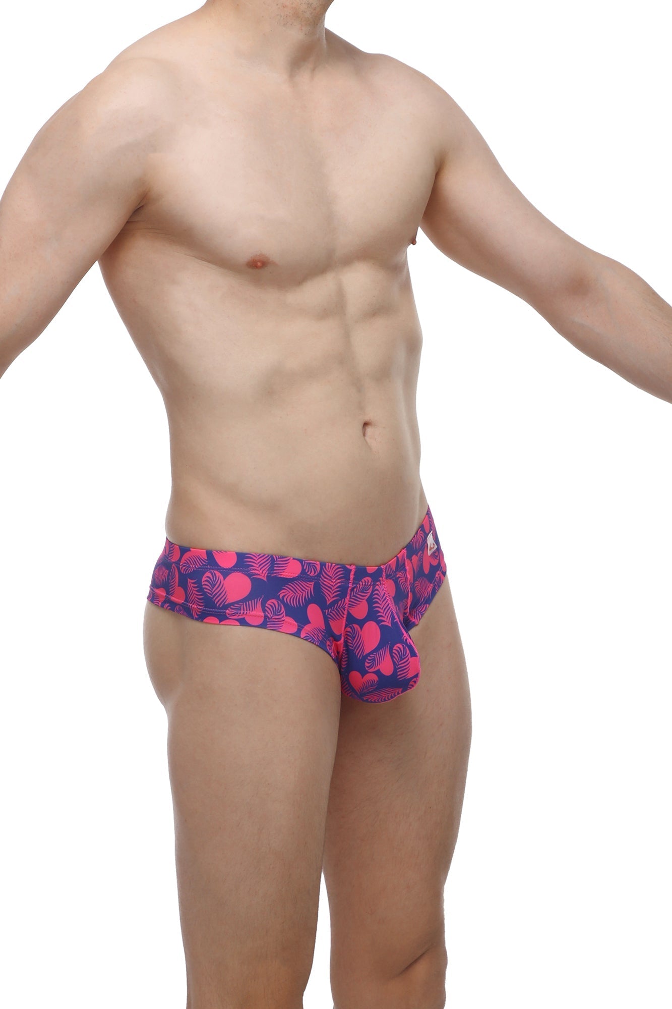 Petitq mini boxer tropical hearts men’s briefs with purple and pink tropical leaf pattern made of soft fabric