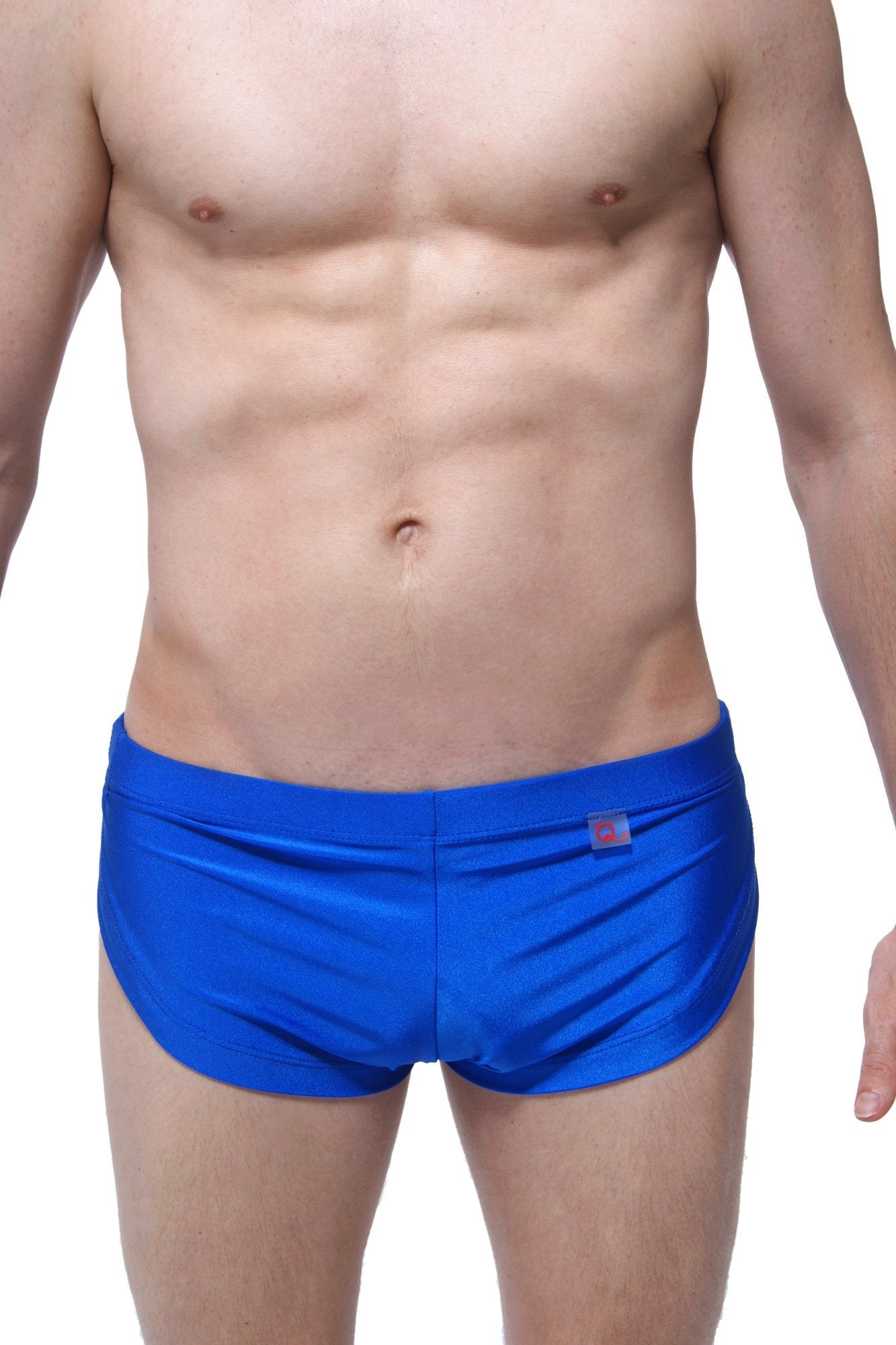 PetitQ running shorts blue with bright blue smooth shiny fabric and small red logo on the waistband