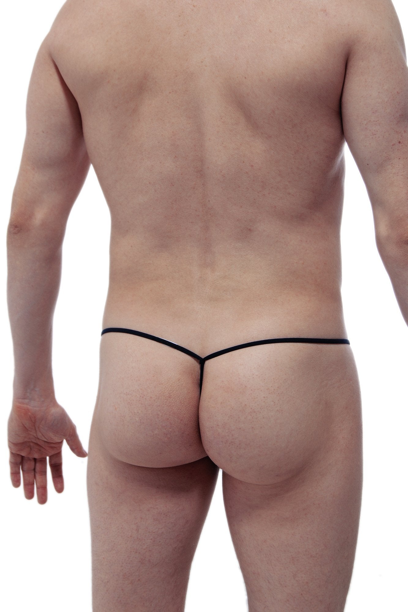 Petitq string c-ring black thong with thin sleek design showing the back side in black color