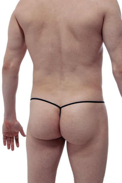 Petitq string c-ring black thong with thin sleek design showing the back side in black color
