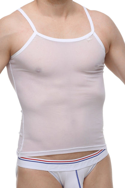 PetitQ tank net white is a white mesh tank top with thin straps and a subtle logo on the upper left chest