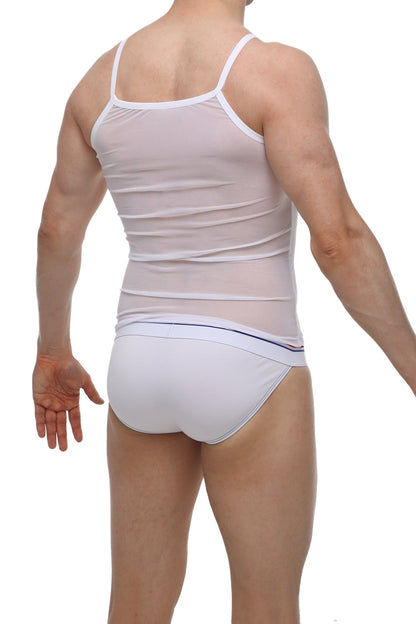 PetitQ tank net white sheer white tank top with thin straps and subtle blue trim along the waistband