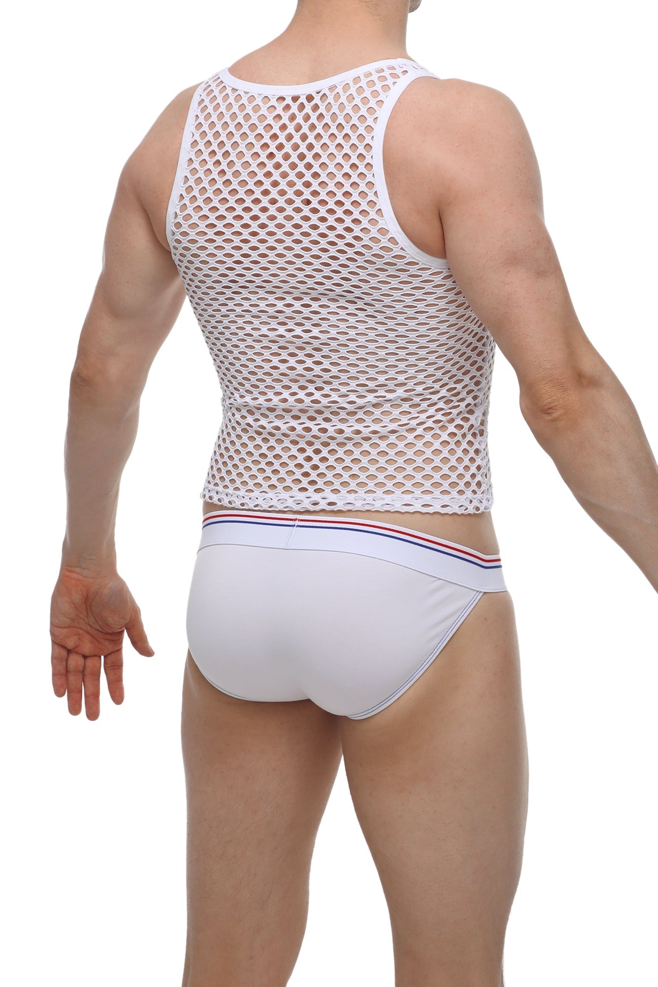 White mesh tank top petitq with subtle pattern and trim details for breathable summer wear