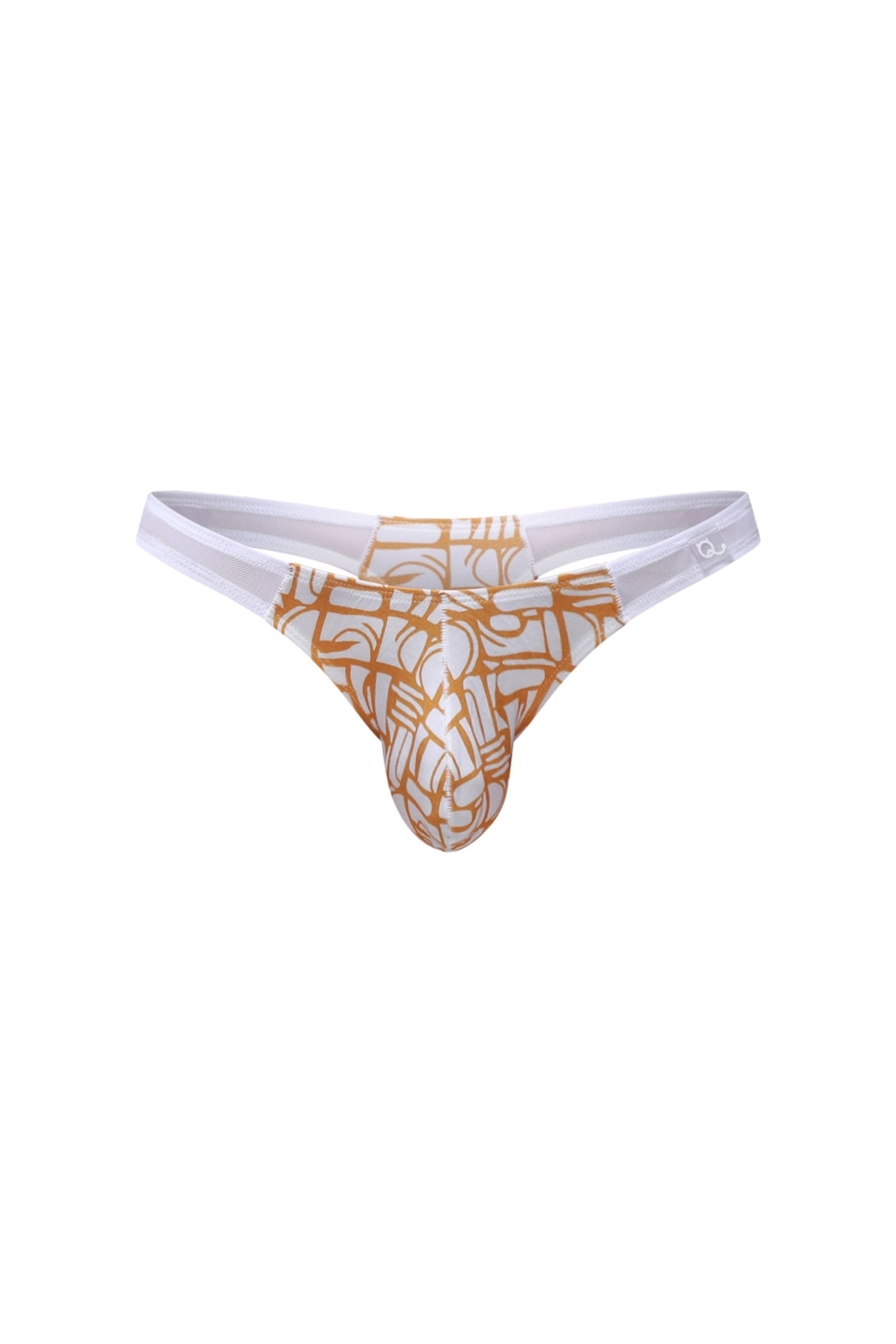 PetitQ thong Annoix Carlot Alloy in white and gold with a geometric patterned design showing the front side