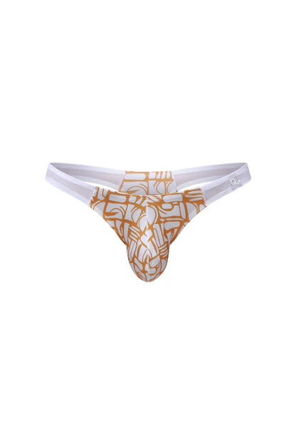 PetitQ thong Annoix Carlot Alloy in white and gold with a geometric patterned design showing the front side
