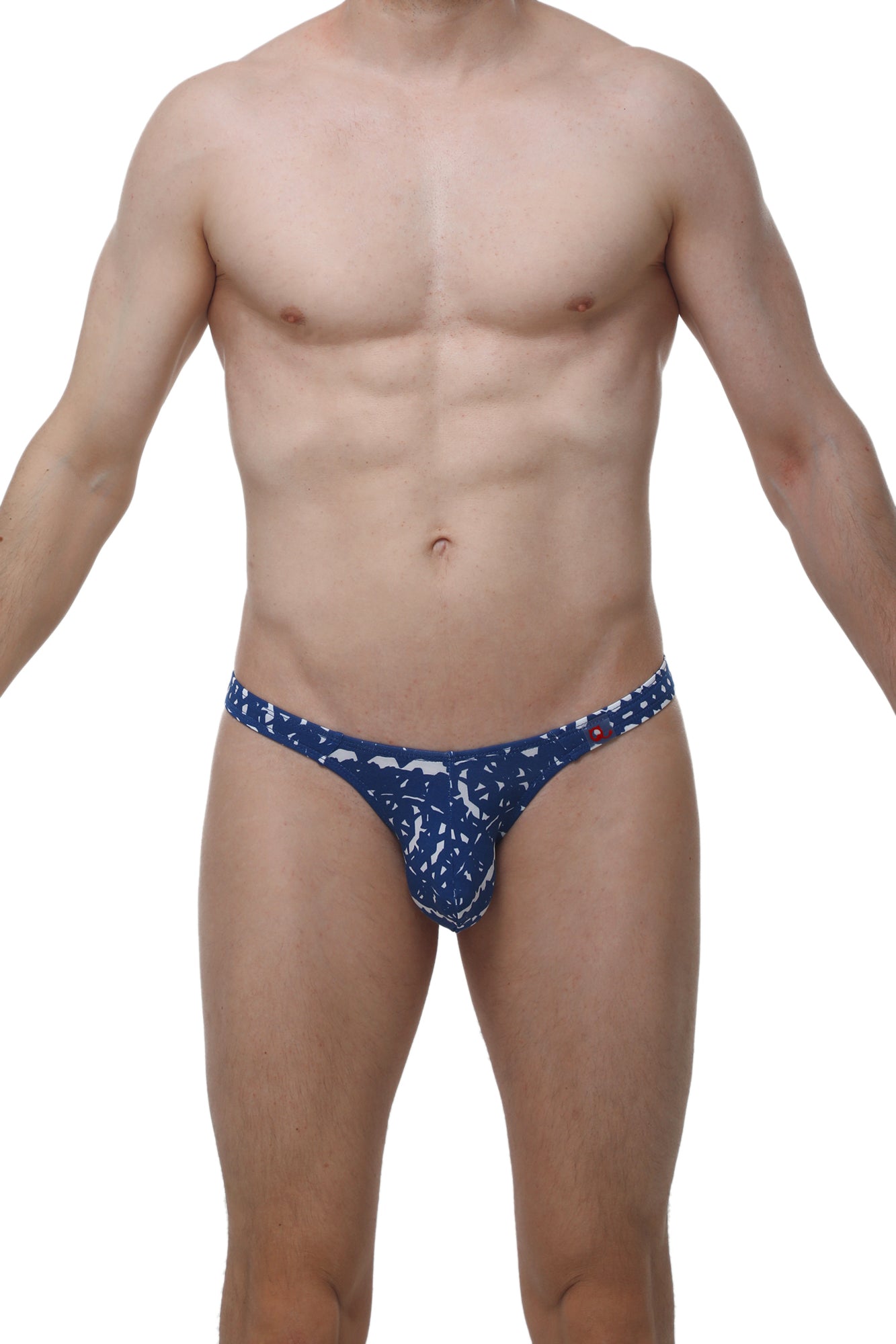 Blue patterned men’s briefs with white abstract designs from petitq thong annoix new denim collection