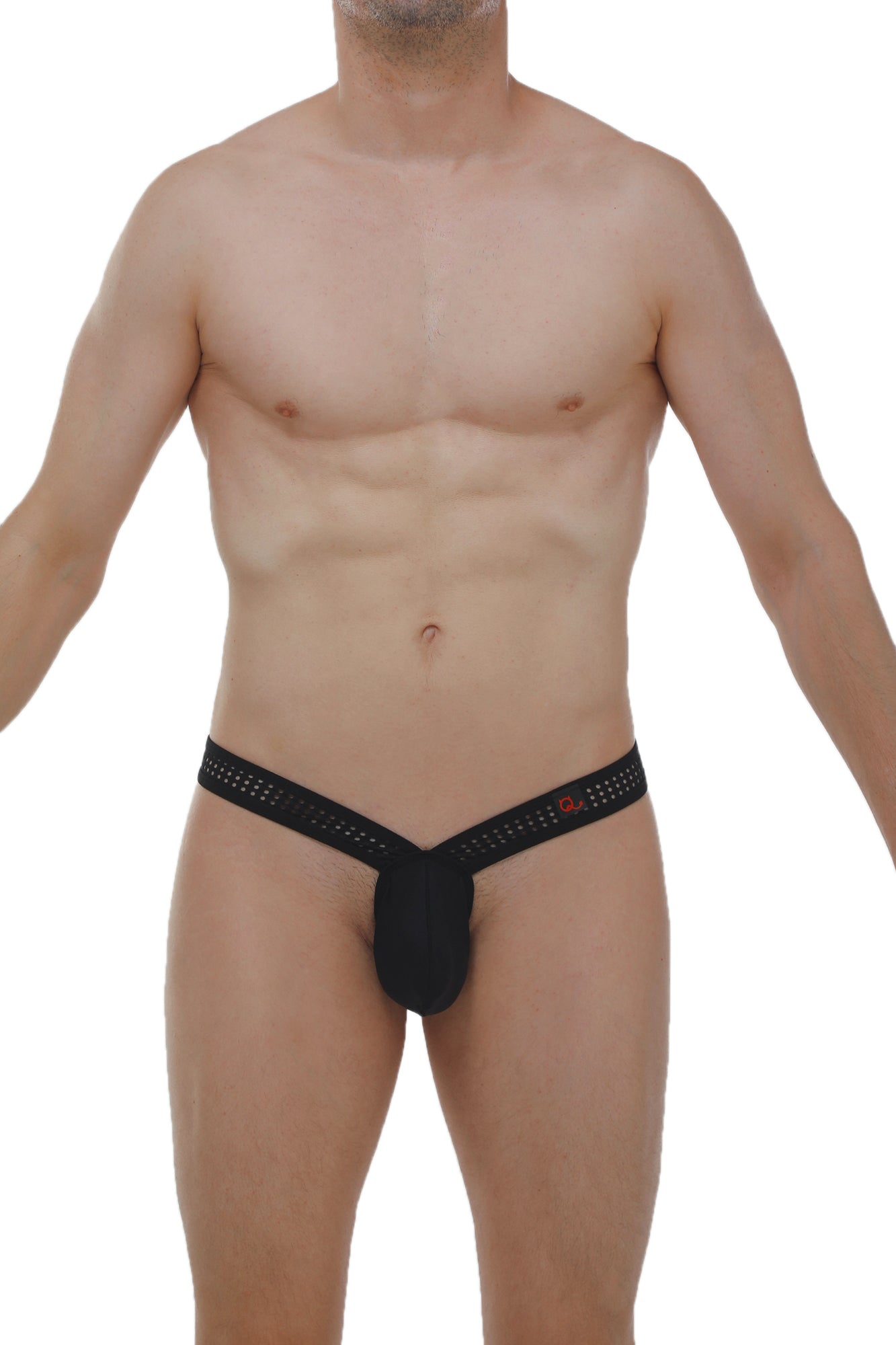 Black mesh briefs with a red petitq logo on the waistband showing the front design and breathable material