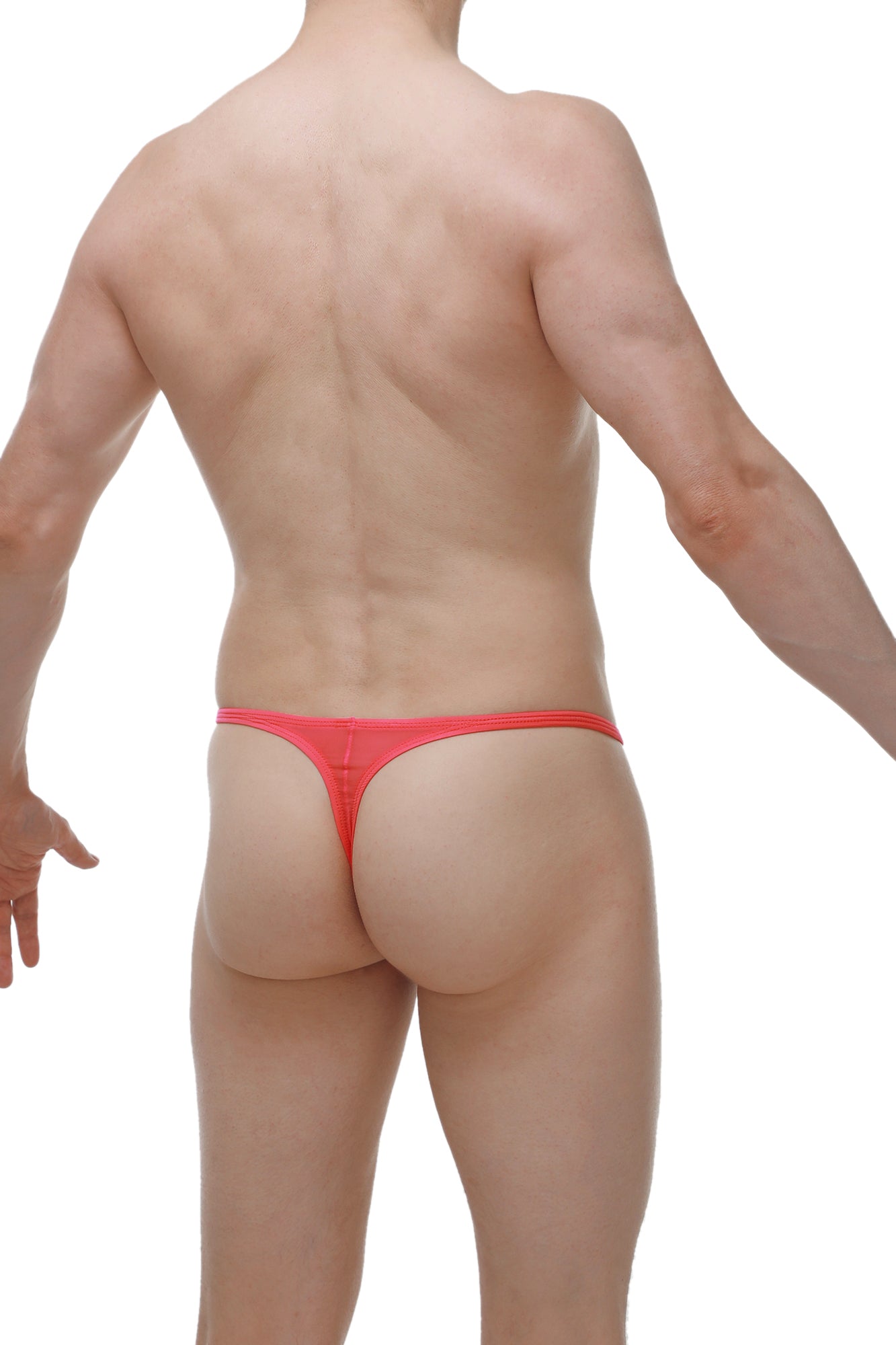 Bright red PetitQ thong made of smooth stretchy fabric shown from the back in a form-fitting design