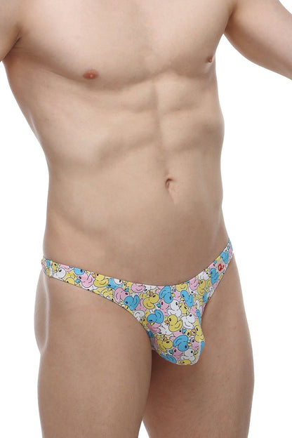 Pastel-colored petitq thong featuring a playful cartoon duck pattern in yellow pink and blue visible from the back side