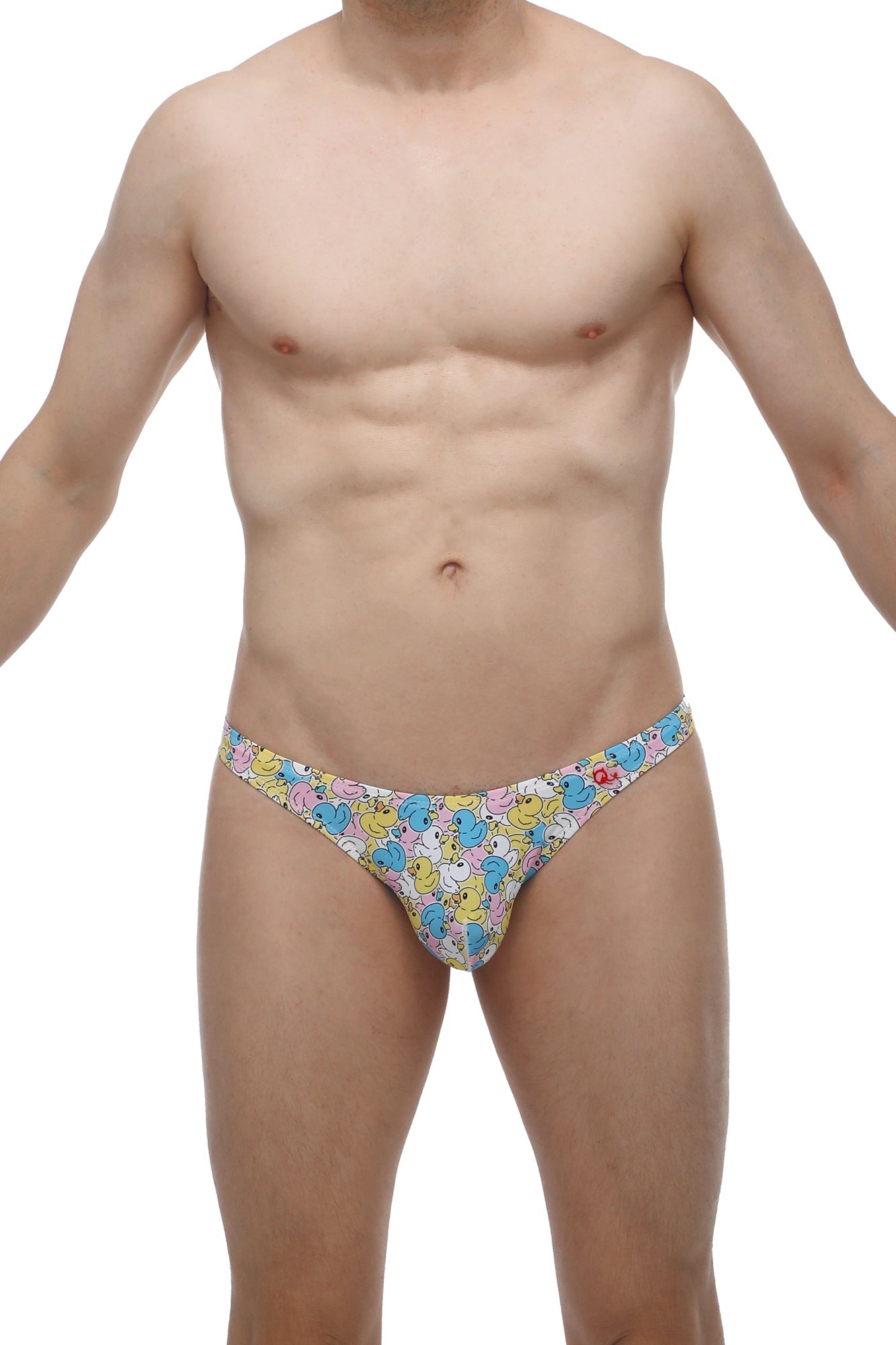 Petitq thong chill duckies is a colorful cartoon duck patterned men’s thong in stretchy lightweight fabric