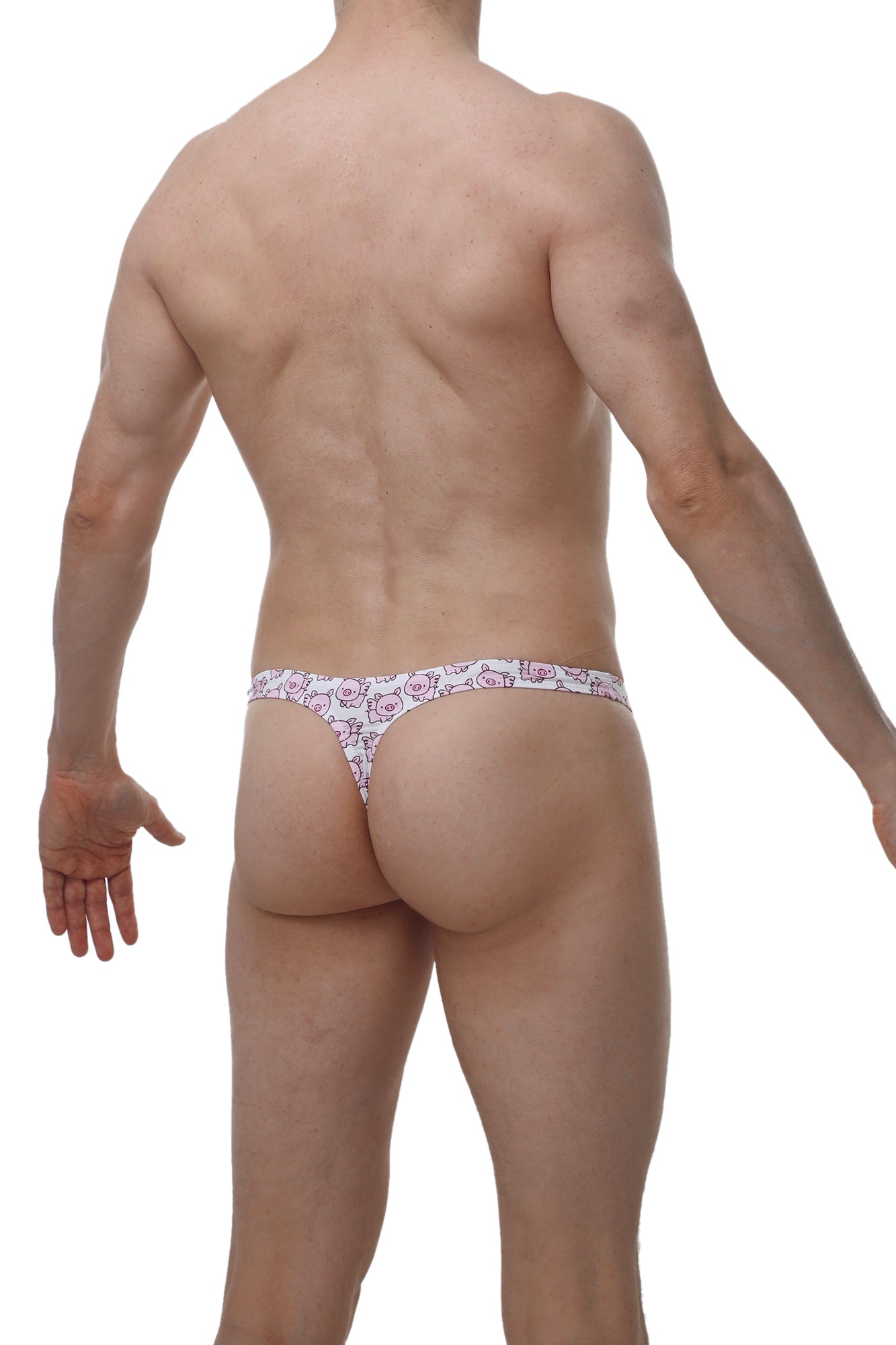 White thong featuring a repeating pink cartoon piggy pattern from PetitQ thong chill piggy love collection