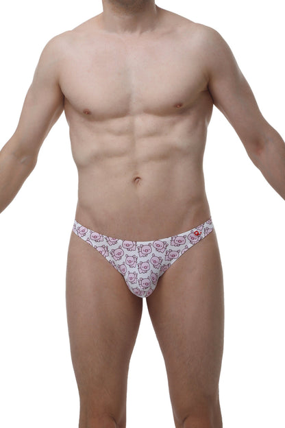 White briefs featuring a repeating pattern of pink cartoon pig faces from PetitQ thong chill piggy love collection