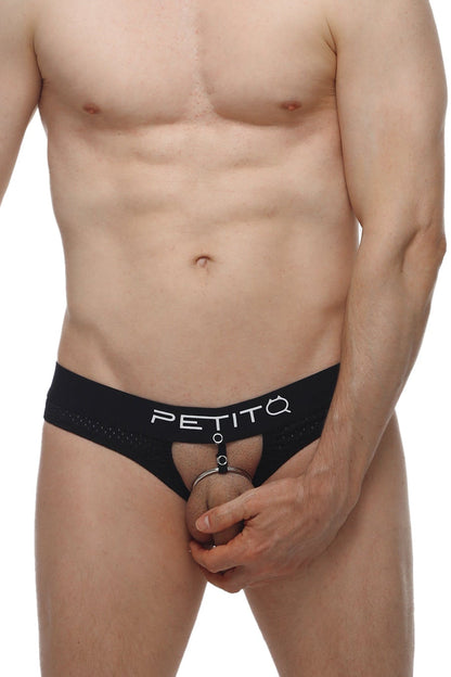 Black petitq thong with central ring attachment designed as a hole cockring bee for intimate wear