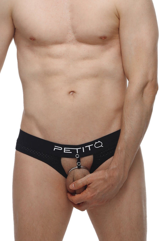 Black petitq thong with central ring attachment designed as a hole cockring bee for intimate wear