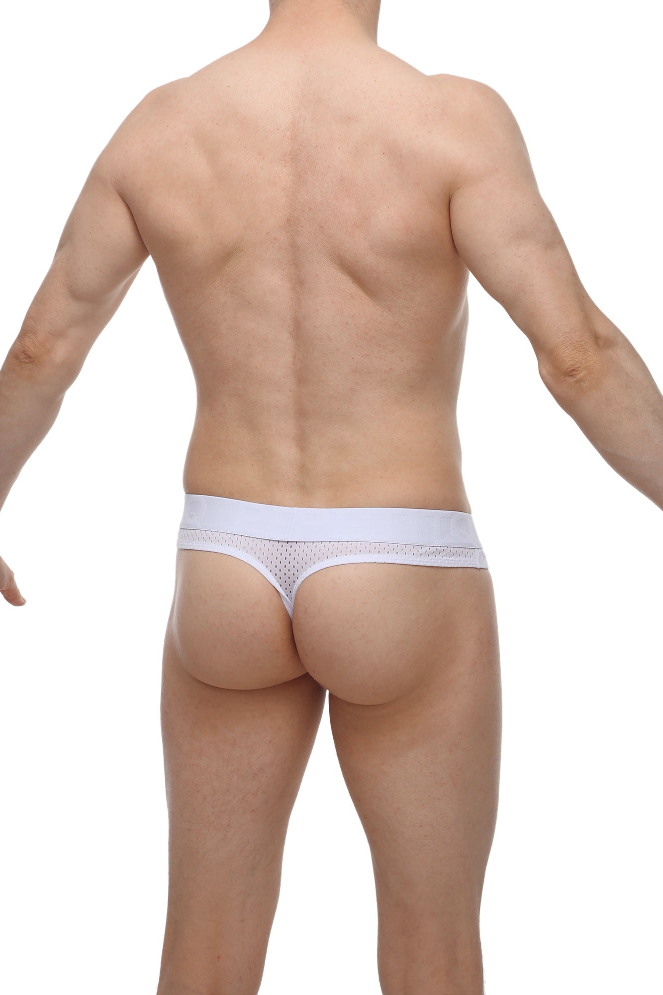 White mesh thong with solid waistband and built-in cockring by PetitQ in bee white color shown from the back side
