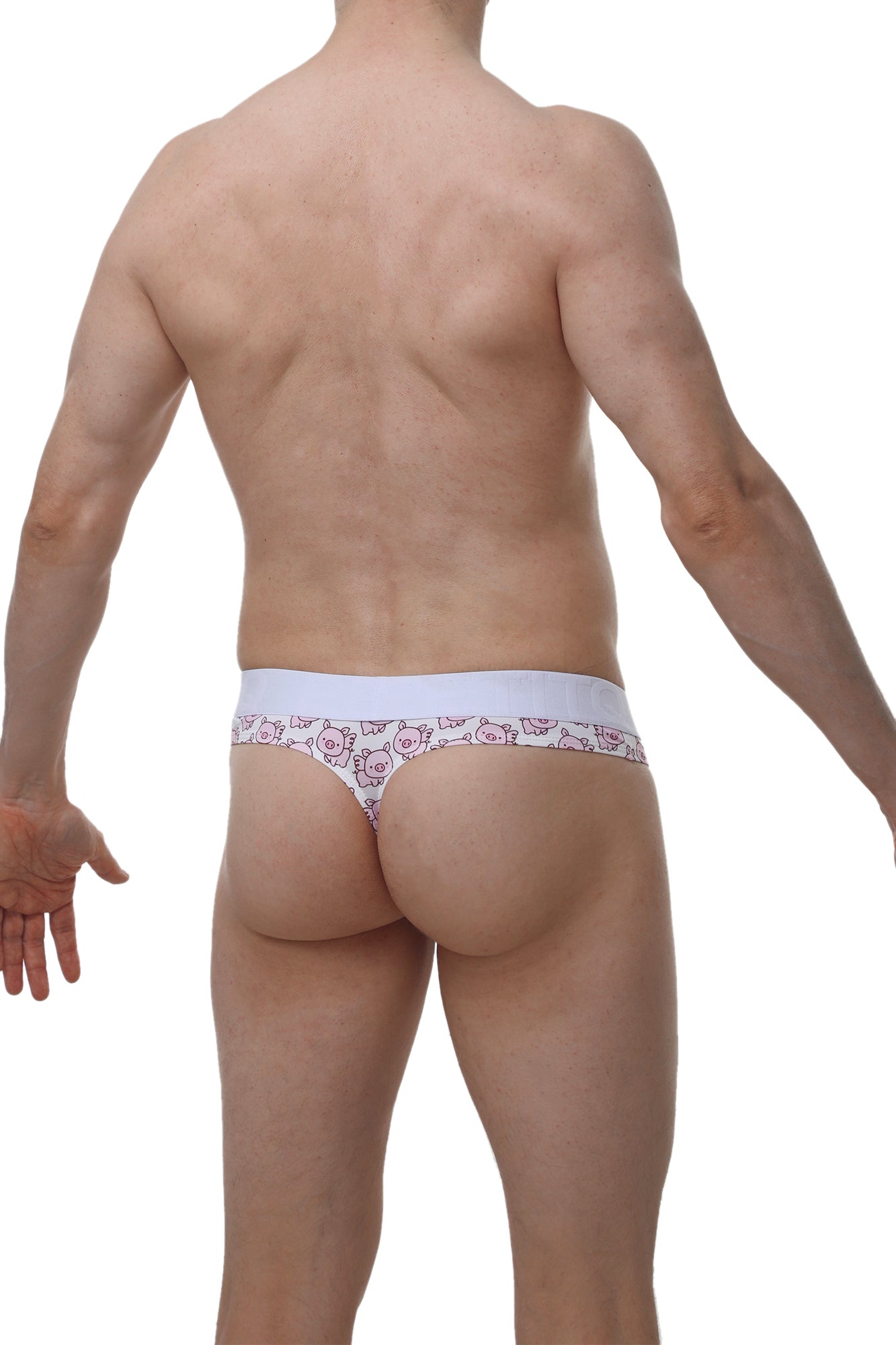 White thong with pink cartoon pig faces pattern for petitq thong hole cockring piggy love product