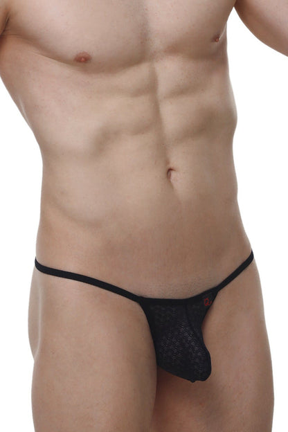 Petitq thong Migny Macra black mesh thong with thin waistband and small red logo on the side