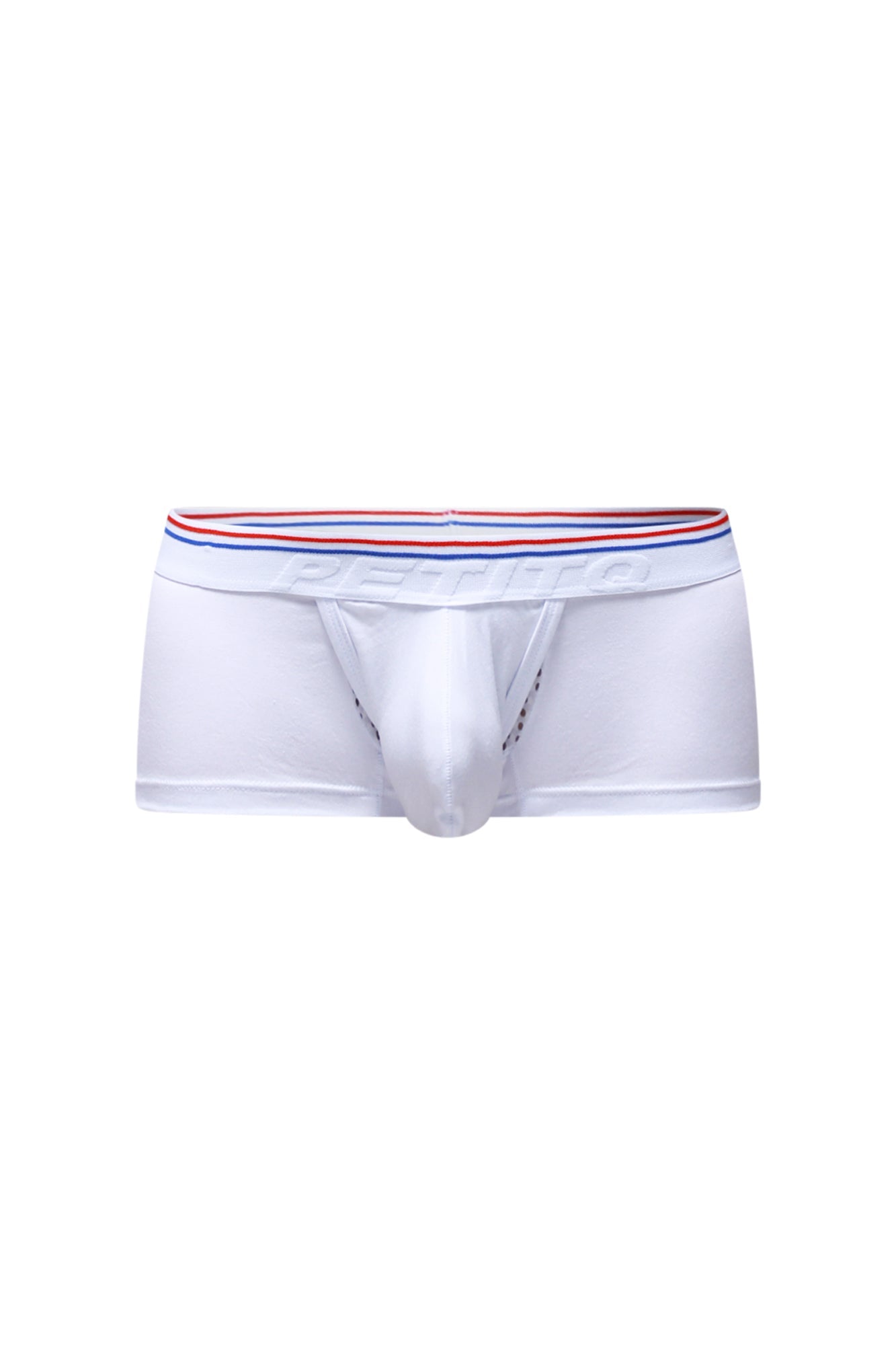 Petitq trunk algun white men’s briefs with red white and blue striped elastic waistband embossed dentifo logo