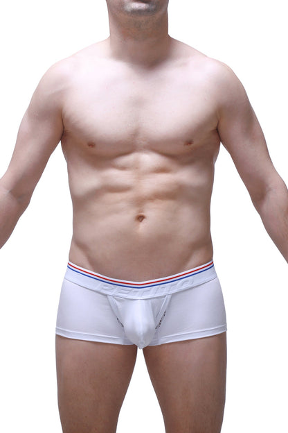 White men’s briefs petitq trunk algun white with a red white and blue striped waistband for comfortable everyday wear