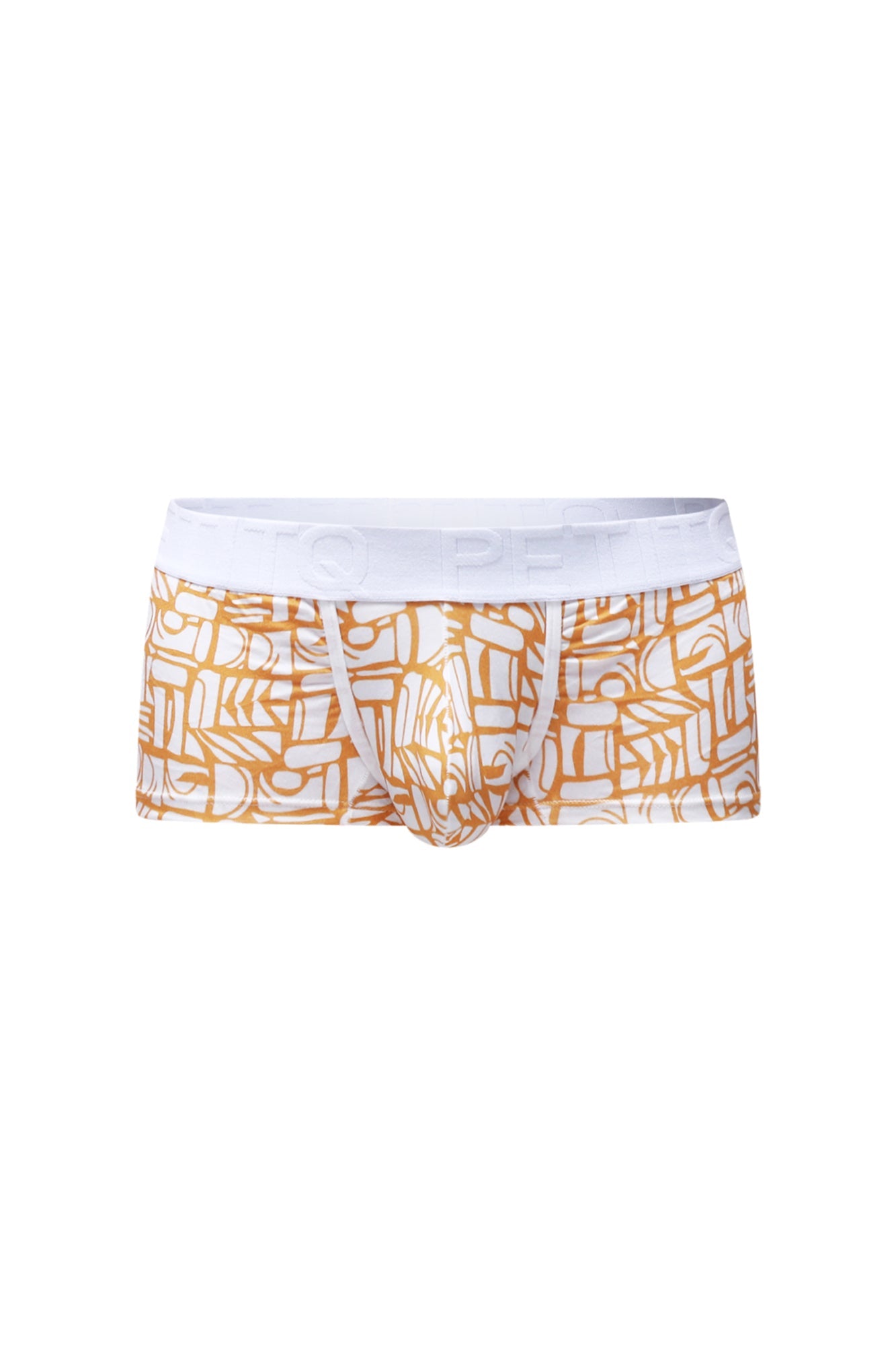 White and gold patterned boxer briefs with white elastic waistband from petitq trunk carlot alloy collection