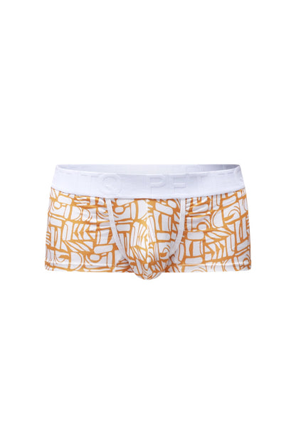 White and gold patterned boxer briefs with white elastic waistband from petitq trunk carlot alloy collection