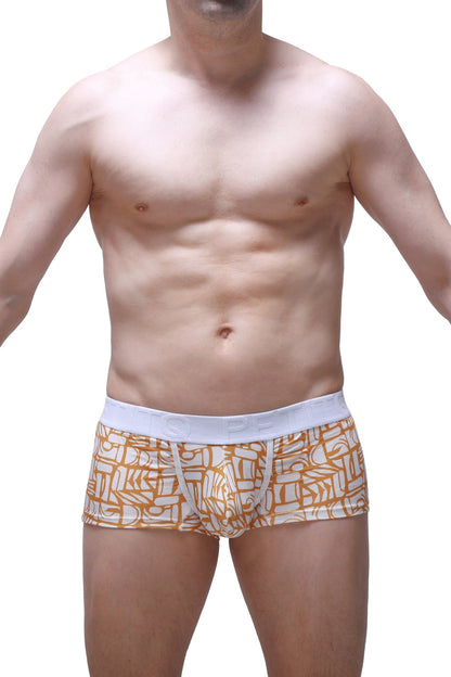 Mens boxer briefs petitq trunk carlot alloy in orange and white pattern with solid white waistband for everyday comfort