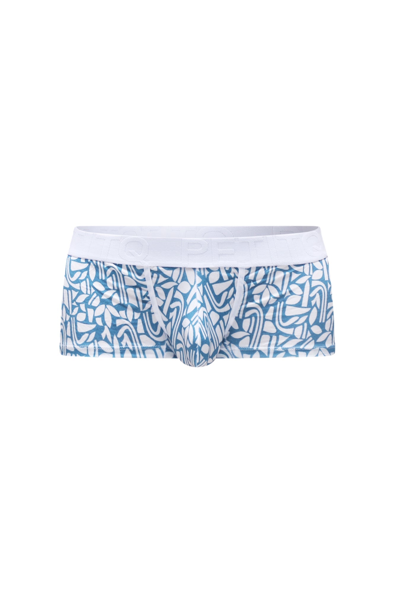 Petitq trunk carlot blue men’s briefs with blue and white pattern and solid white waistband for comfortable wear