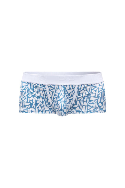 Petitq trunk carlot blue men’s briefs with blue and white pattern and solid white waistband for comfortable wear