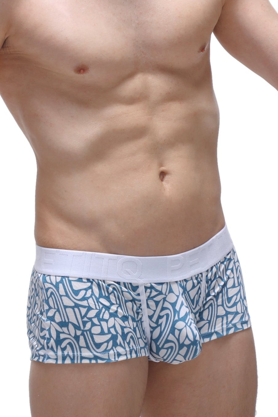 PetitQ trunk Carlot blue men’s briefs with blue and white pattern and solid white elastic waistband