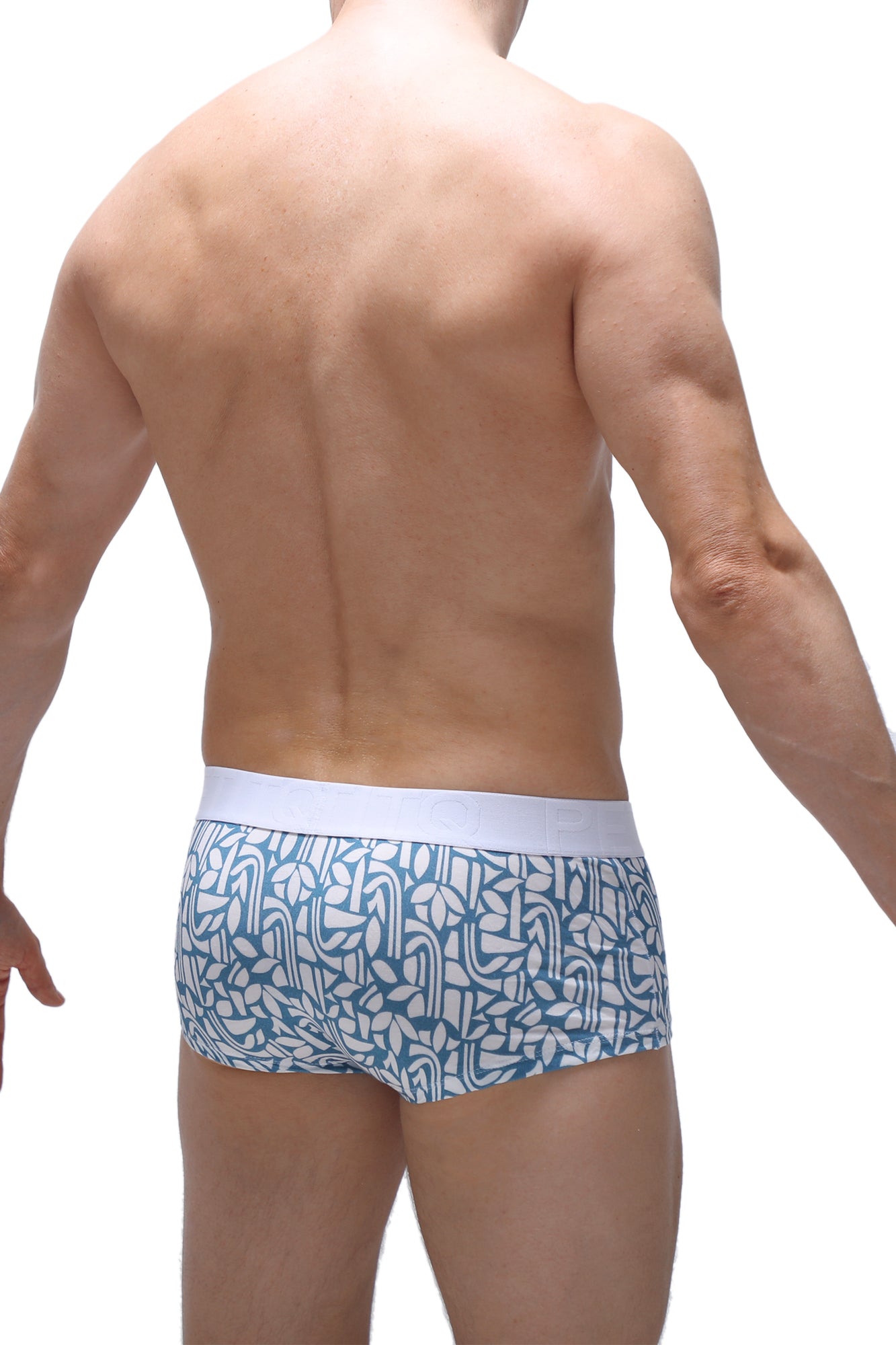 Blue and white patterned petitq trunk carlot blue men’s briefs with solid white waistband for comfortable wear