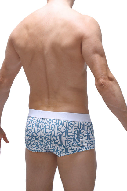 Blue and white patterned petitq trunk carlot blue men’s briefs with solid white waistband for comfortable wear
