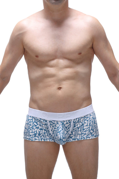 Petitq trunk carlot blue men’s briefs with blue and white pattern and solid white waistband for comfortable wear
