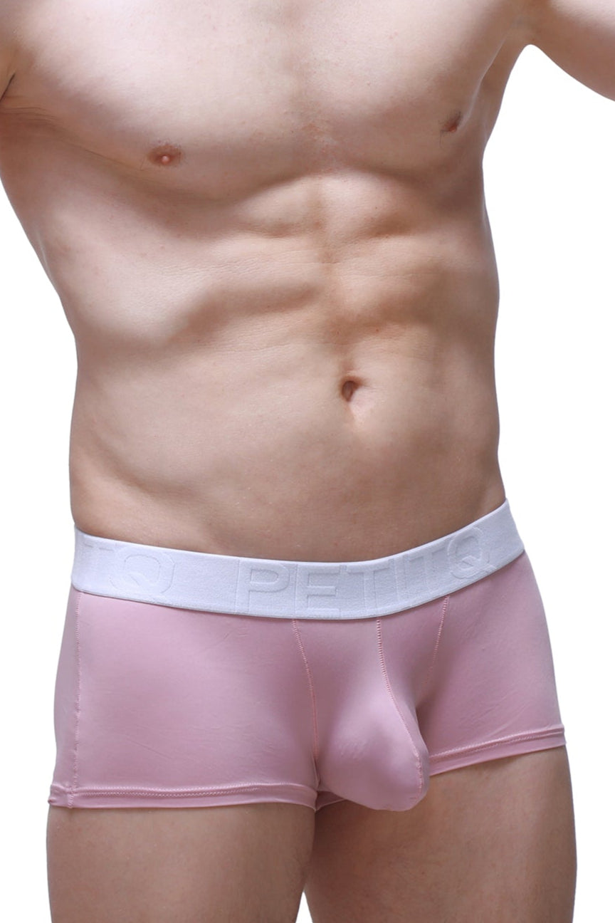 Pink petitq trunk dome skine tea rose briefs with white elastic waistband embossed with dep brand name