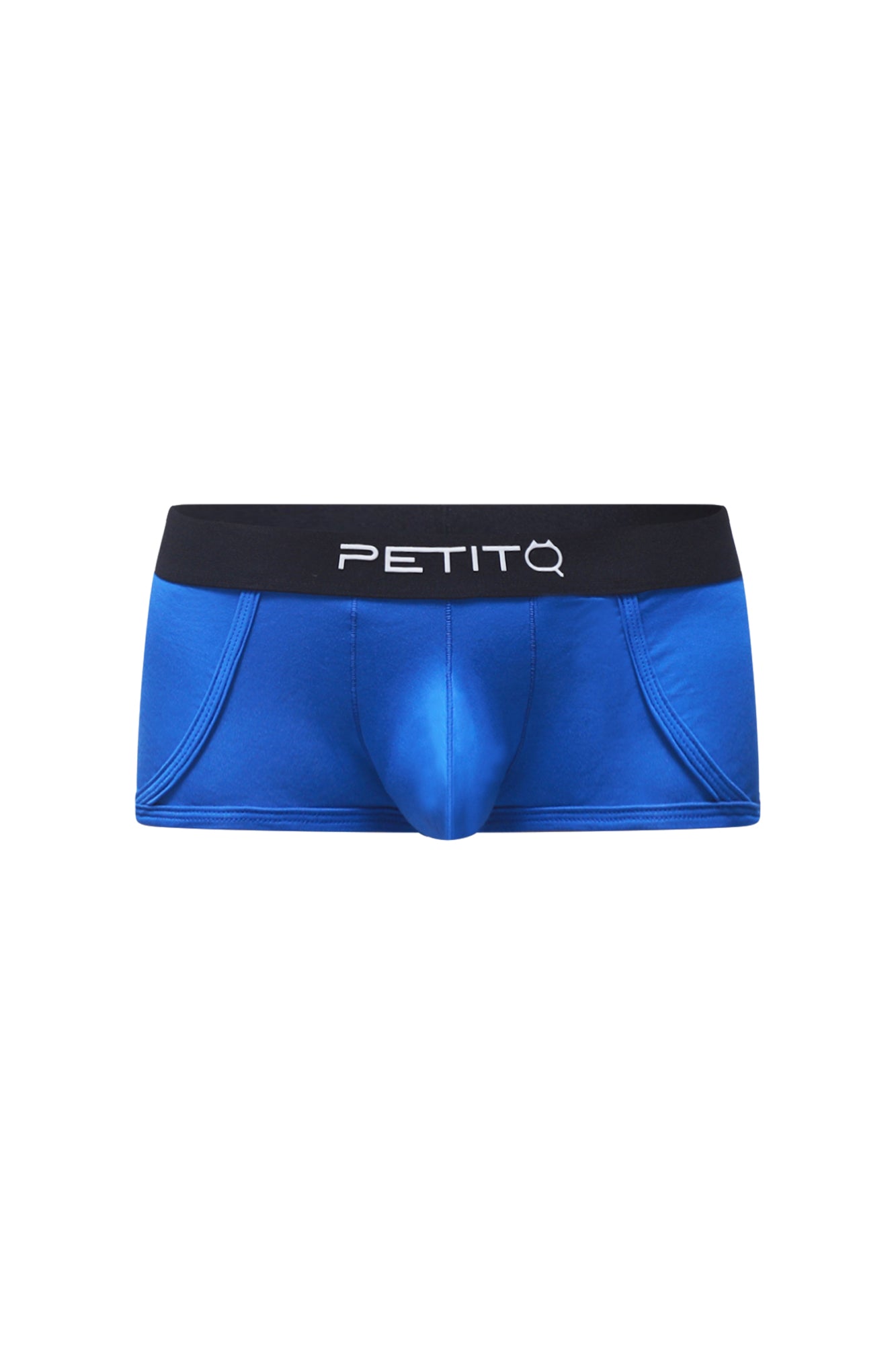 Blue petitq men’s briefs trunk morrier with black waistband featuring the brand logo in a solid color design