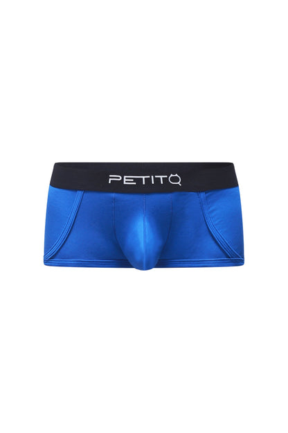 Blue petitq men’s briefs trunk morrier with black waistband featuring the brand logo in a solid color design