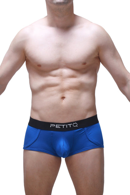 Blue petitq trunk morrier men’s briefs with black waistband and white petitq branding for comfortable daily wear