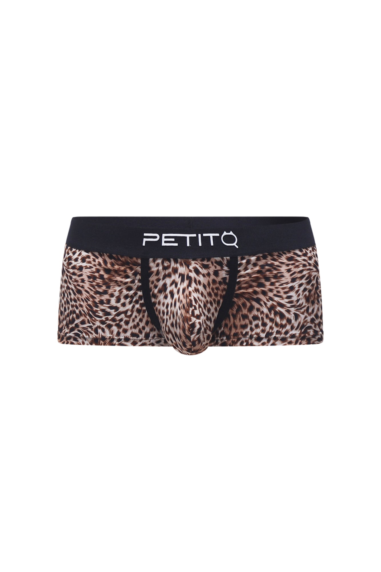 PetitQ trunk panthere leopard print men’s briefs with a black waistband featuring the petitq logo