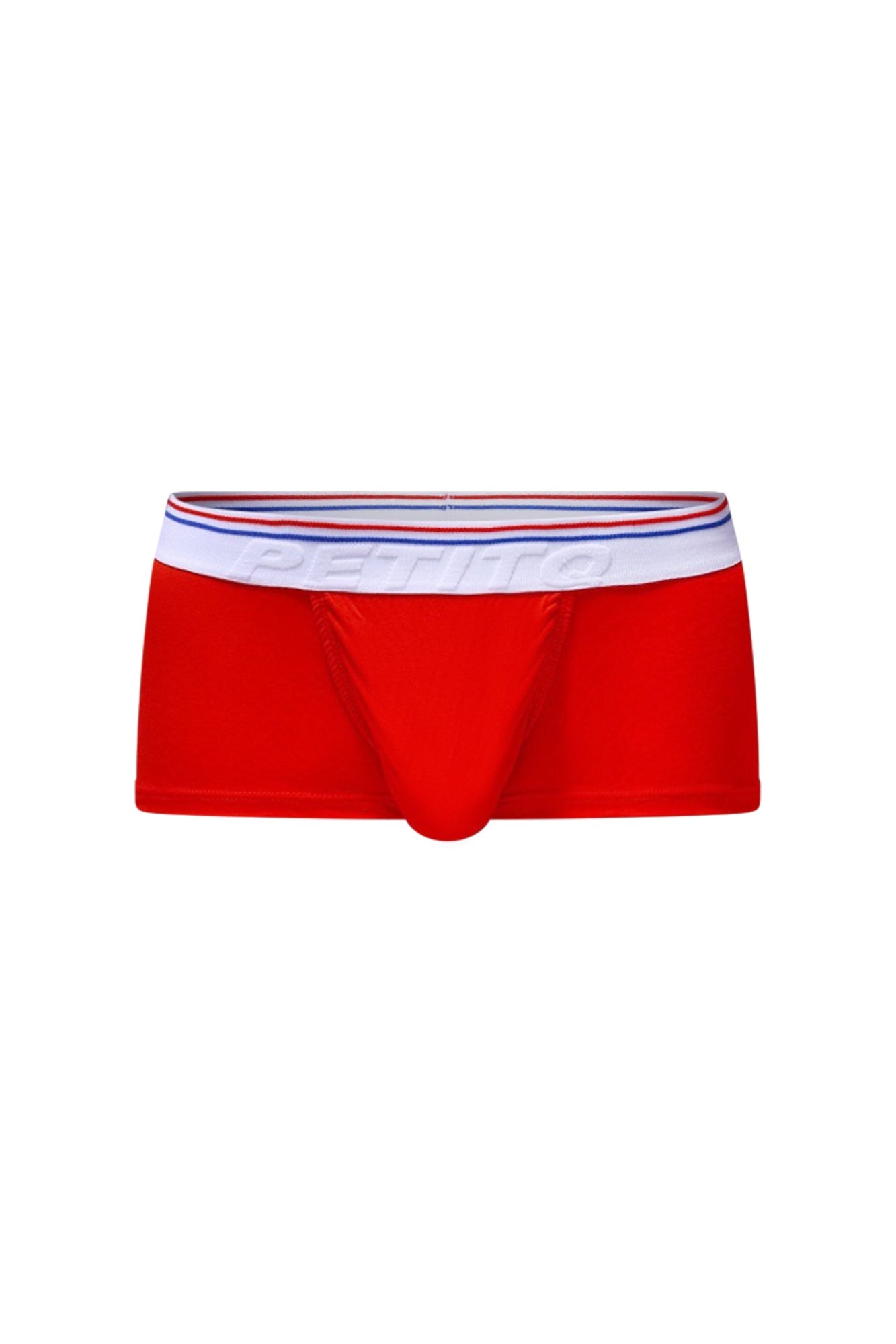 Petitq trunk taik modal red men’s briefs with red color and white waistband with red blue stripes and perino branding
