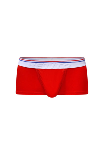 Petitq trunk taik modal red men’s briefs with red color and white waistband with red blue stripes and perino branding